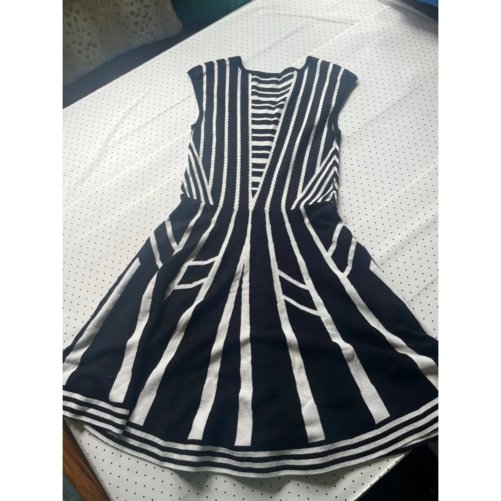 Womens Black White Striped Sweater Knit Geometric Knit Fit & Flare Dress Medium